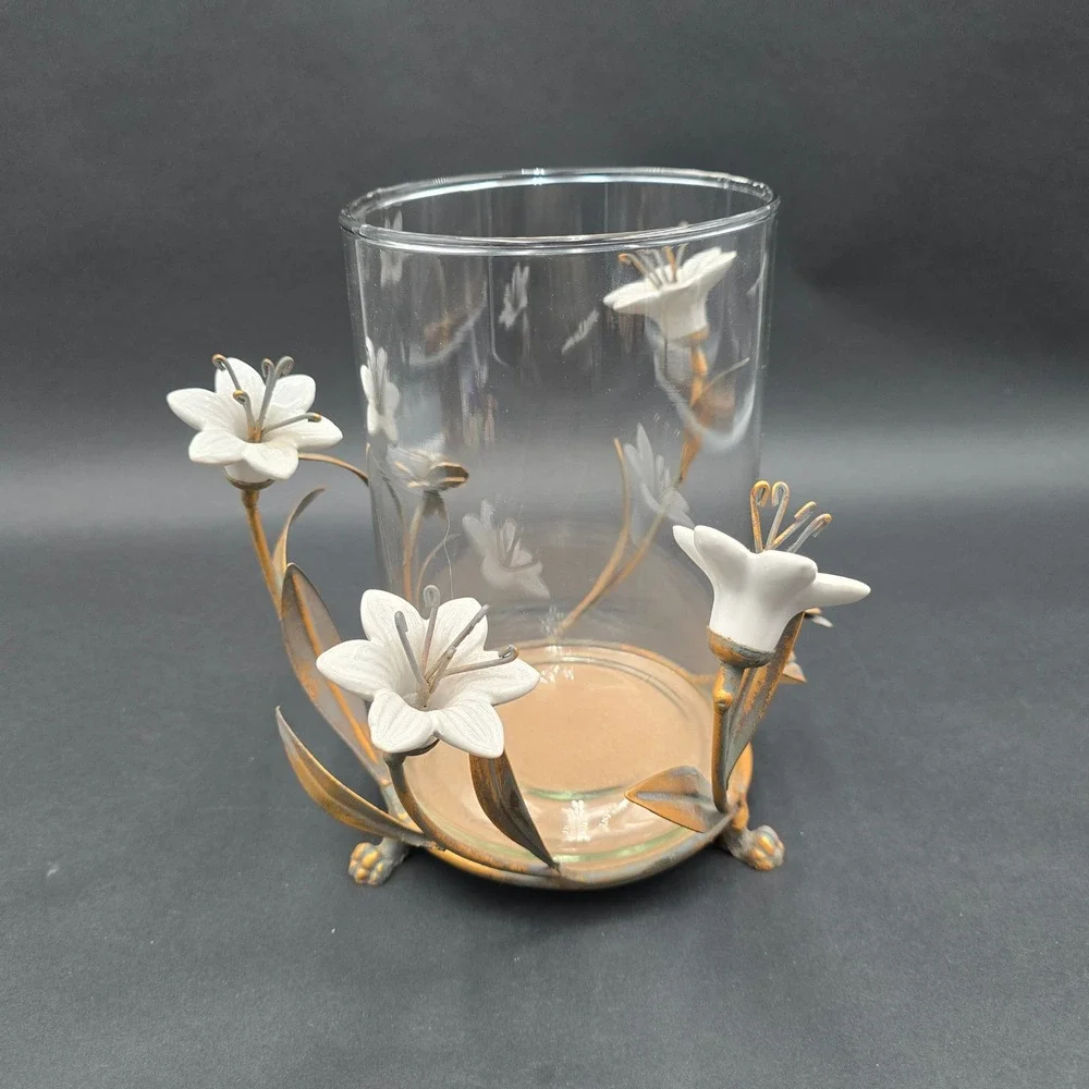 Vintage Ceramic Lily Floral Glass Vase Candle Holder Metal Base Centerpiece